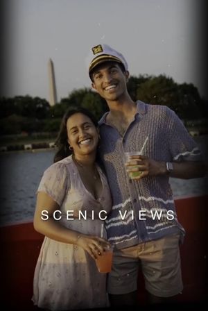 Two smiling people holding drinks on a waterfront boat with the Washington Monument and trees in the background, with 'SCENIC VIEWS' text overlay.