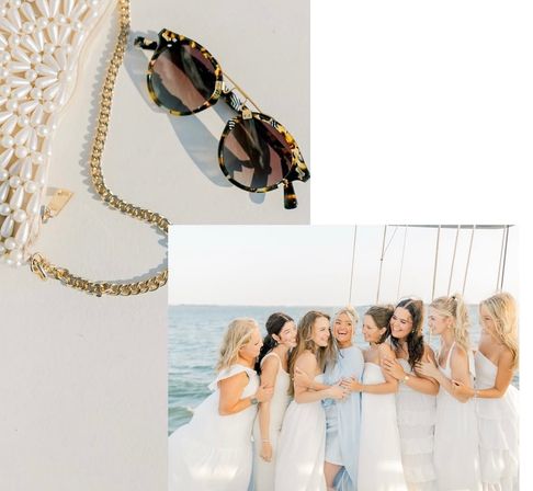 Tortoiseshell sunglasses and pearl clutch with gold chain beside a joyful bridal party of women in white dresses embracing on a sailboat off the coast — seaside wedding vibe.