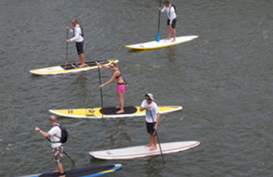 Five stand-up paddleboarders gliding on calm water on colorful SUP boards, enjoying outdoor paddleboarding and water-sports recreation.