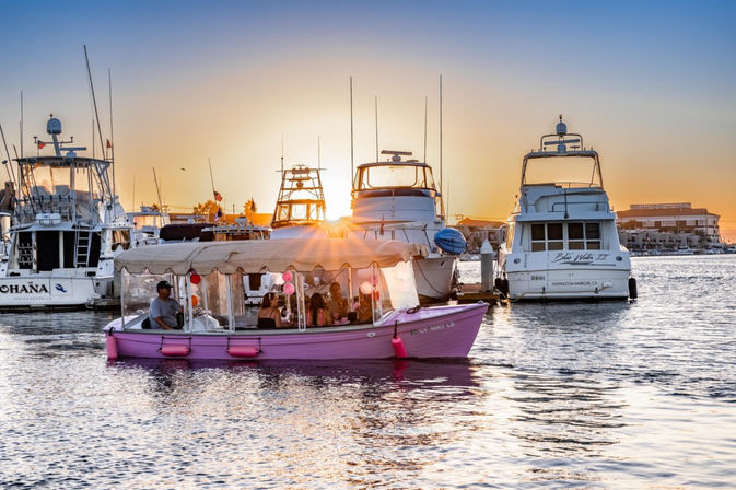 Pink covered tour boat with festive lanterns cruising past docked yachts in a marina at golden sunset, sun low on the horizon reflecting on calm water.