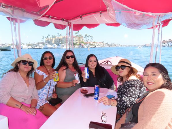 Group of friends on a pink‑canopied boat enjoying drinks in a sunny marina with palm trees, yachts and waterfront condos in the background.