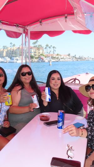 Group of friends on a pink‑canopied boat enjoying drinks in a sunny marina with palm trees, yachts and waterfront condos in the background.