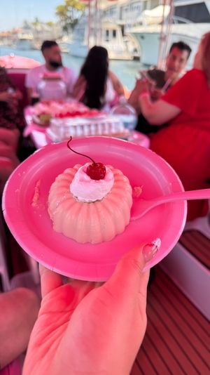 Pink molded dessert topped with whipped cream and a cherry on a pink plate and spoon, held aboard a party boat with blurred friends and yachts at a sunny marina.