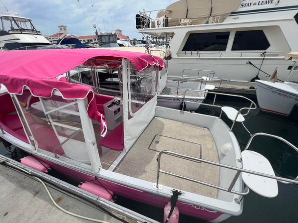 Bright pink-canopied leisure boat with clear vinyl side panels and cushioned seating moored at a marina dock next to larger yachts under a partly cloudy sky.