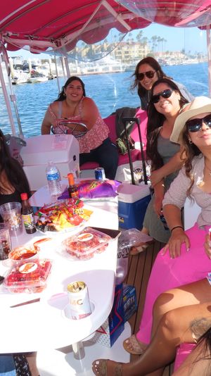 Group of women smiling for a selfie on a pink-canopied pontoon boat at a sunny marina, snacks and drinks on the table and yachts and waterfront buildings in the background.