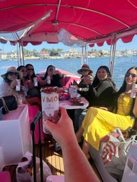 Friends toasting with canned drinks under a bright pink canopy on a party boat cruising a sunny waterfront lined with houses and palm trees