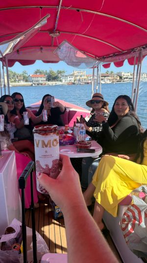 Friends toasting with canned drinks under a bright pink canopy on a party boat cruising a sunny waterfront lined with houses and palm trees