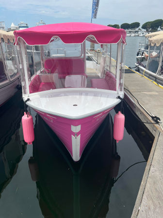 Bow-on view of a bright pink leisure boat with scalloped canopy and matching cushions and fenders, docked at a marina beside a wooden pier with calm harbor water reflecting the hull.