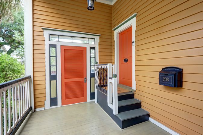 Cheerful sunlit front porch with golden-yellow siding, two coral-orange doors framed by transom windows, a black mailbox, short black-and-white steps with decorative railing, and leafy greenery beyond the porch.