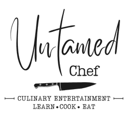 Playful stylized logo reading "Untamed Chef" with a chef's knife illustration and the tagline "Culinary Entertainment — Learn • Cook • Eat".