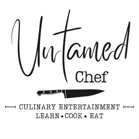 Playful stylized logo reading "Untamed Chef" with a chef's knife illustration and the tagline "Culinary Entertainment — Learn • Cook • Eat".