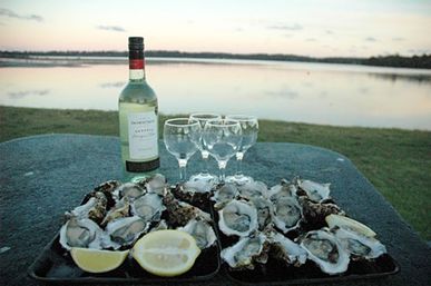 Lakeside sunset spread: trays of freshly shucked oysters with lemon wedges, a bottle of white wine and four wine glasses on a picnic table by calm water.
