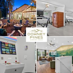 Collage of a Sunriver, Oregon vacation rental: outdoor firepit with string lights, garage gym with sauna, retro arcade cabinet, and bright living room with mountain mural, centered stylized mountain logo