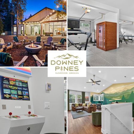 Collage of a Sunriver, Oregon vacation rental: outdoor firepit with string lights, garage gym with sauna, retro arcade cabinet, and bright living room with mountain mural, centered stylized mountain logo
