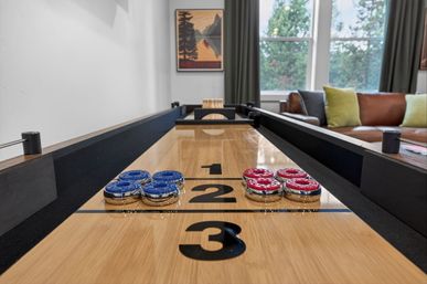 Close-up of a modern indoor shuffleboard table with blue and red pucks on the 1‑2‑3 scoring lanes, set in a bright living room with a brown leather sofa, green throw pillows and large windows overlooking trees.