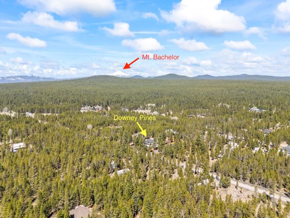 Aerial view of a vast pine forest with scattered homes and dirt roads; a yellow arrow marks a cabin cluster and a red arrow points to snow‑capped Mt. Bachelor on the distant horizon under a bright blue sky with fluffy clouds.