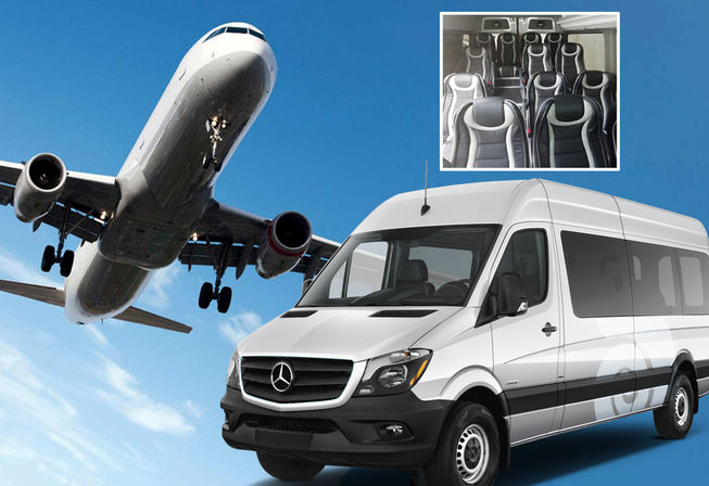 White airport shuttle van with a commercial jet landing overhead and inset showing sleek black-and-gray coach seats — airport transfer/ground transportation.