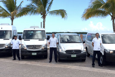 Three uniformed drivers standing beside white shuttle vans parked along a palm-lined tropical waterfront under a bright blue sky, ready for island transfers.