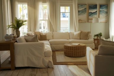 Cozy sunlit coastal-style living room with white slipcovered sectional, neutral throw pillows, woven rattan coffee table, sheer curtains and ocean artwork