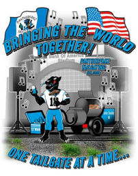 Cartoon panther mascot in blue football gear hosting a stadium tailgate with a BBQ smoker, large speakers, musical notes, and blue and American flags under the slogan “Bringing the World Together — One Tailgate at a Time.”