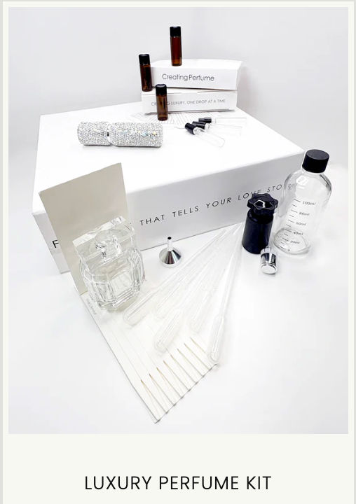 Flatlay of a luxury DIY perfume kit on white background: white gift box, glass perfume bottle, amber sample vials, clear measuring bottle, pipettes, funnel and a glittery roll — fragrance-making tools