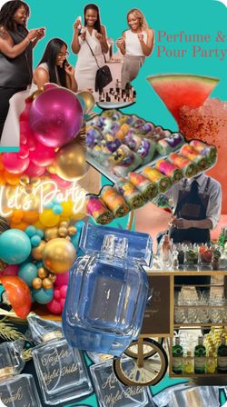 Vibrant event collage for a perfume-and-pour party: smiling women sampling fragrances, neon "Let’s Party" balloon arch, trays of colorful spring rolls, watermelon cocktail, bartender pouring drinks at a mobile bar cart, and assorted perfume bottles on a turquoise background.
