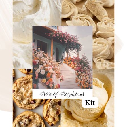 Collage: central 'Rose of Bosphorus' photo of a pastel staircase overflowing with pink and orange roses, surrounded by creamy dessert textures — vanilla ice cream scoops, meringues and chocolate chip cookies, styled kit image.