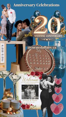 Collage-style anniversary poster on blue background featuring a large '20' wedding anniversary balloon topper, romantic couple photos, a photo booth prop, calendar-decorated cake, welcome wedding sign, stacked plates and dessert table, champagne flutes and red heart prints.
