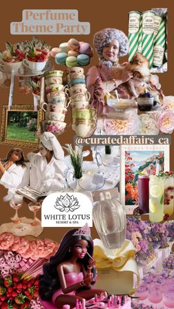Perfume-themed party moodboard featuring pastel macarons, stacked vintage teacups, floral bouquets, a perfume bottle and gift box, spa robes and pampering setup, pink cocktails and pastries, a period-costumed woman holding a small dog, and a glam doll applying makeup in a rose-and-lavender palette.