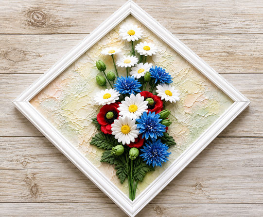 Cheerful framed floral artwork — white daisies, blue asters and red poppies arranged as a bouquet on a textured pastel background inside a white diamond-shaped frame resting on light wooden planks