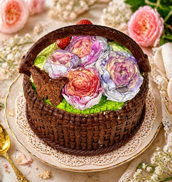 Woven chocolate basket cake topped with pastel buttercream peony flowers, green 'moss' frosting and a strawberry, spring dessert on a lace doily