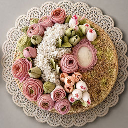 Overhead view of an artisanal buttercream flower cake with pink rose and tulip swirls, white piped blooms and green leaves, garnished with crushed nuts and presented on a decorative lace doily — elegant spring wedding or celebration dessert.