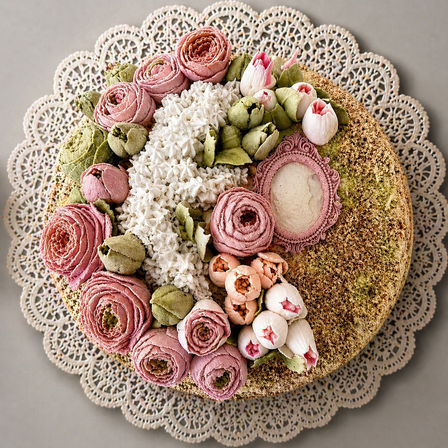 Overhead view of an artisanal buttercream flower cake with pink rose and tulip swirls, white piped blooms and green leaves, garnished with crushed nuts and presented on a decorative lace doily — elegant spring wedding or celebration dessert.