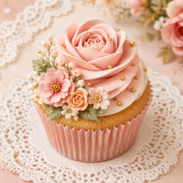 Delicate pink buttercream cupcake with a large rose swirl, tiny piped flowers, green leaves and gold dragees, presented on a vintage lace doily — elegant tea-party dessert.
