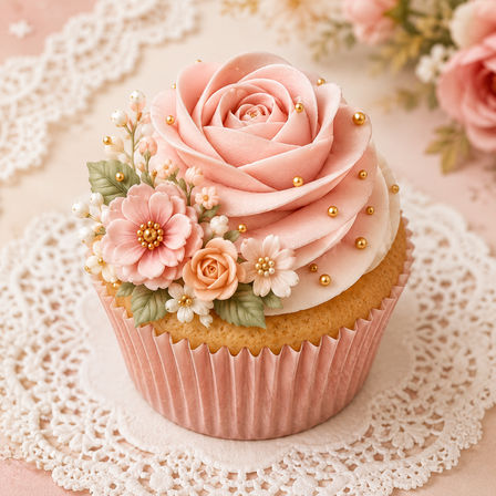 Delicate pink buttercream cupcake with a large rose swirl, tiny piped flowers, green leaves and gold dragees, presented on a vintage lace doily — elegant tea-party dessert.