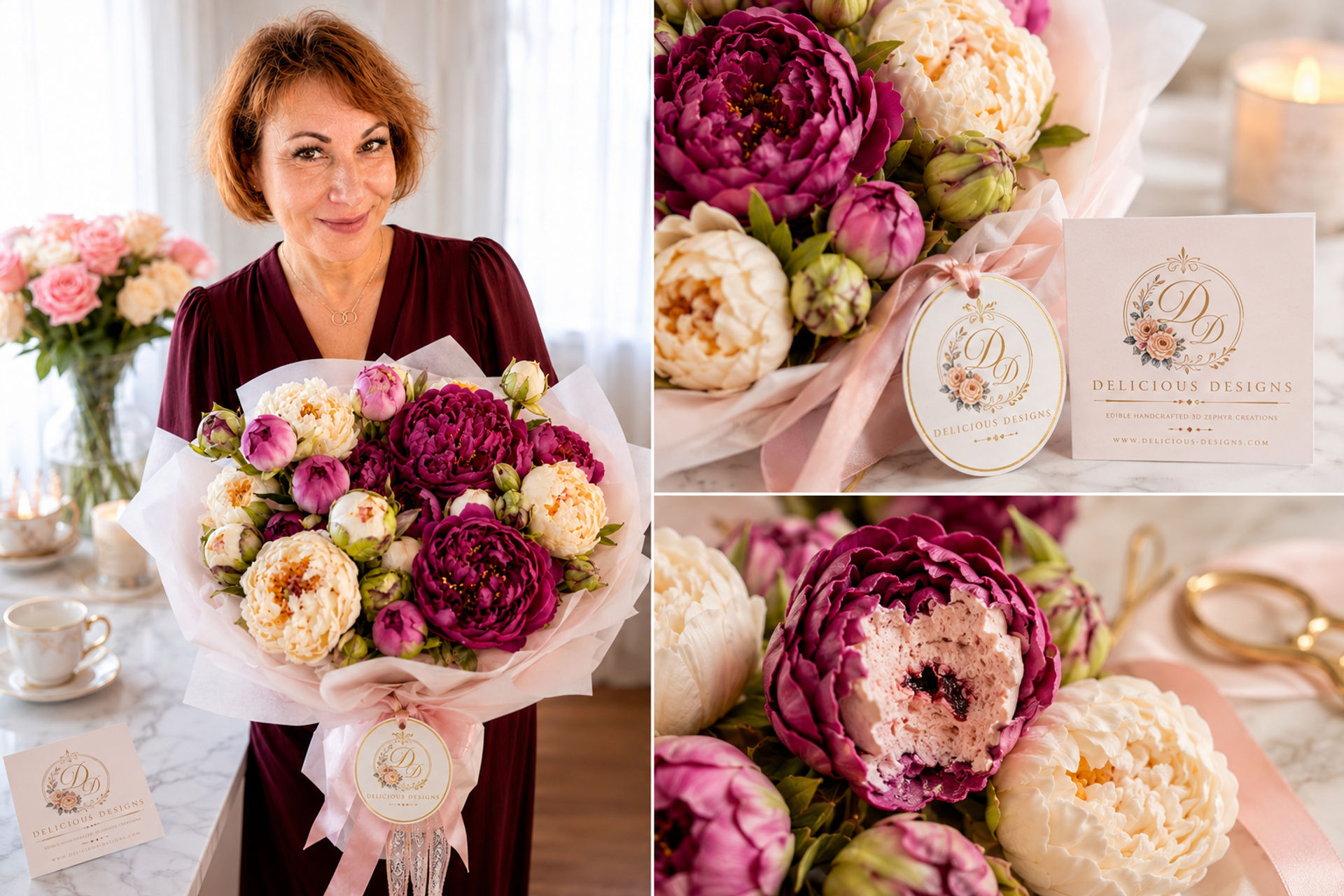 Smiling woman holds a lush bouquet of magenta and cream peony blooms wrapped in pink tissue with ribbon and tag; close-up panels show petal details and a cake-like confection center on a marble tabletop.