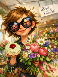 Chic florist wearing oversized sunglasses that reflect blooms, holding a vibrant peony, daisy and lavender bouquet and a small green-cream tart with raspberry inside a bright flower shop.