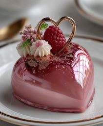 Glossy pink heart-shaped mousse cake topped with a fresh raspberry, gold heart topper, piped cream rosettes, tiny pink blossoms and edible gold leaf on a white plate with a gold rim
