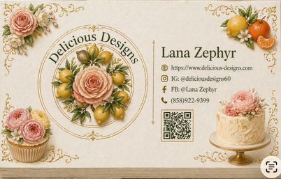 Vintage-style bakery business card on cream paper with pink buttercream roses, lemons and foliage, decorated cupcake and frosted cake, social icons and QR code