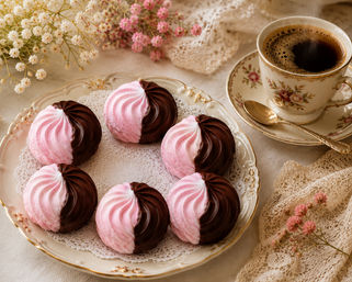 Cozy vintage tea scene with six pink-and-chocolate half-dipped meringue cookies on a decorative porcelain plate and lace doily, a floral teacup of black coffee, and sprigs of tiny pink and white flowers.