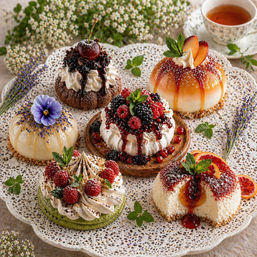 Assorted artisan mini desserts on a lace platter for afternoon tea — berry-topped pavlova, chocolate cherry pastry, caramel-glazed mousse domes, edible flowers and fresh mint.