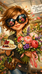 Cheerful boutique florist holding a vibrant bouquet of peonies, daisies and purple blooms tied with a pink ribbon, wearing oversized sunglasses that reflect flowers and offering a plate with a slice of cake, scissors and twine tucked in a tool belt inside a bright flower shop.