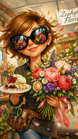 Cheerful boutique florist holding a vibrant bouquet of peonies, daisies and purple blooms tied with a pink ribbon, wearing oversized sunglasses that reflect flowers and offering a plate with a slice of cake, scissors and twine tucked in a tool belt inside a bright flower shop.
