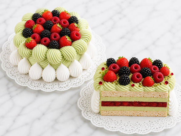 Vibrant pistachio-layered cake and a sliced piece piped with pale green pistachio cream, topped with strawberries, raspberries and blackberries, served on white lace doilies on a marble countertop.