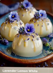 Four glossy lemon-white dessert domes with dripping citrus glaze, garnished with lavender sprigs, edible purple pansy flowers and silver sprinkles on a blue ceramic plate.