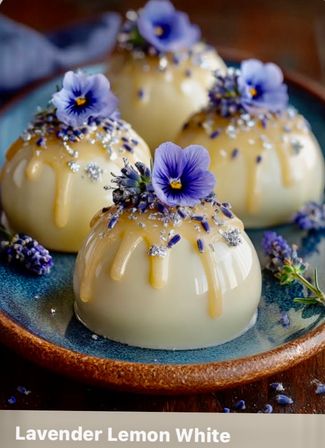 Four glossy lemon-white dessert domes with dripping citrus glaze, garnished with lavender sprigs, edible purple pansy flowers and silver sprinkles on a blue ceramic plate.