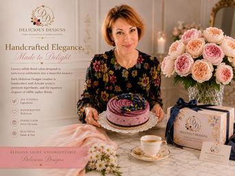 Woman presenting a handcrafted purple berry floral cake on a lace platter at a marble table, with a crystal vase of blush garden roses, a ribbon-tied gift box and a teacup in a softly lit elegant room.