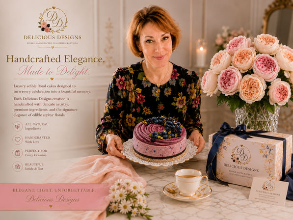 Woman presenting a handcrafted purple berry floral cake on a lace platter at a marble table, with a crystal vase of blush garden roses, a ribbon-tied gift box and a teacup in a softly lit elegant room.