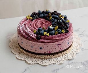 Blueberry pistachio mousse cake with swirled berry frosting, fresh blueberries, pistachios and gold leaf, presented on a lace doily over a marble countertop