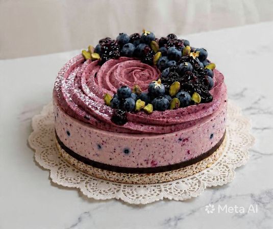 Blueberry pistachio mousse cake with swirled berry frosting, fresh blueberries, pistachios and gold leaf, presented on a lace doily over a marble countertop